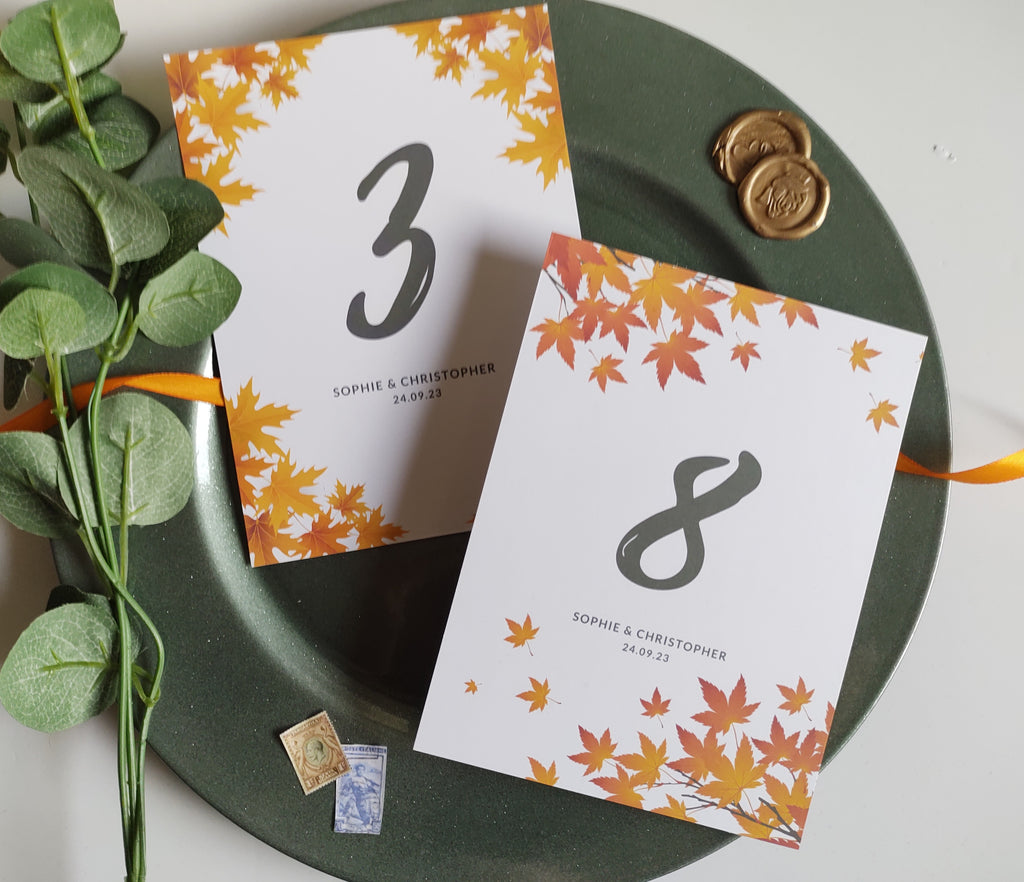 Fall Table Numbers Autumn Table Numbers – Joy Wedding Stationery