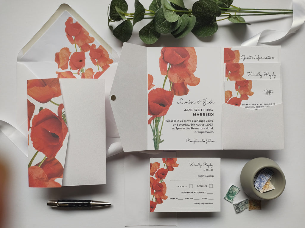 Metamorph Sample Invite Poppy Sample Invitation Package – Joy Wedding Stationery
