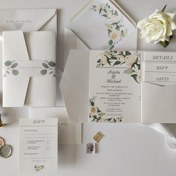 White Floral Sample Invitation Package
